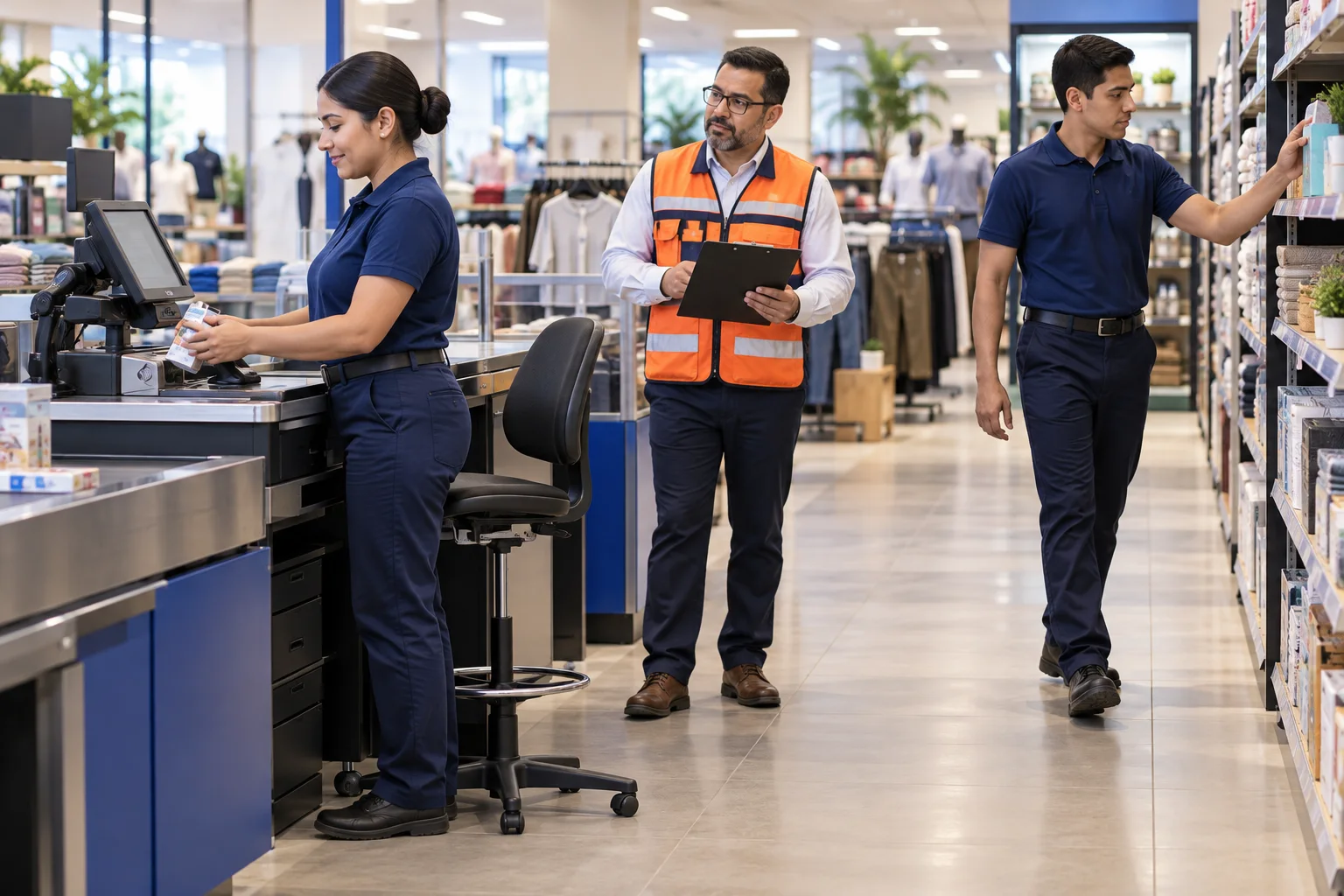 Evaluación de puestos de pie en tienda con asiento disponible y personal con movilidad