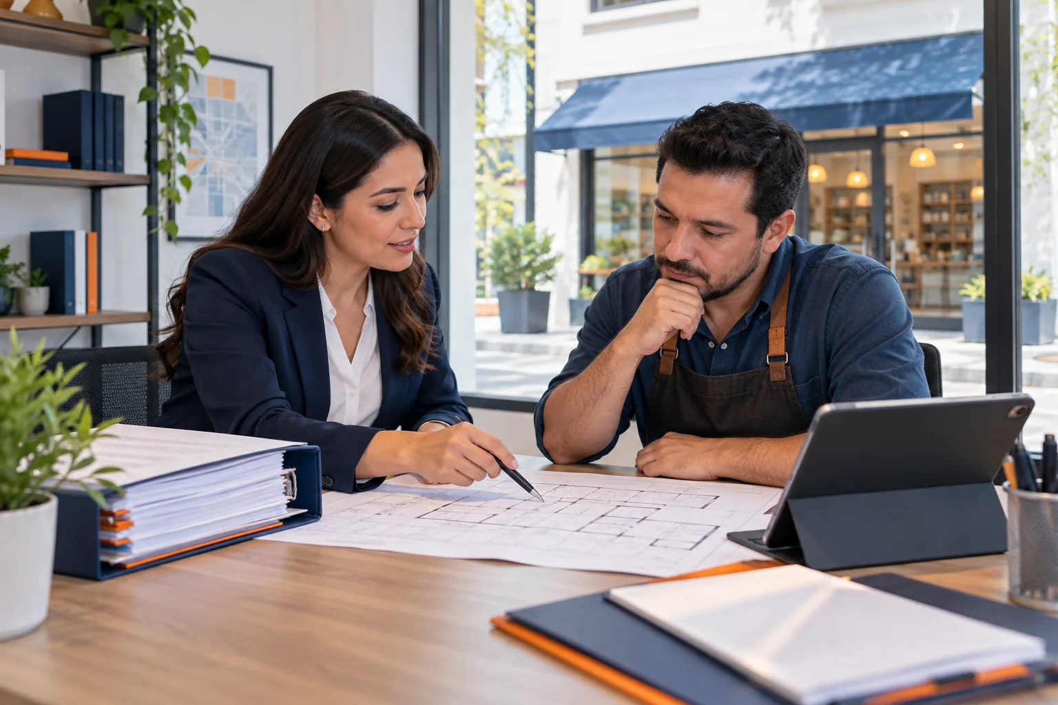 Consultora revisando planos y expediente de apertura con el responsable de un establecimiento