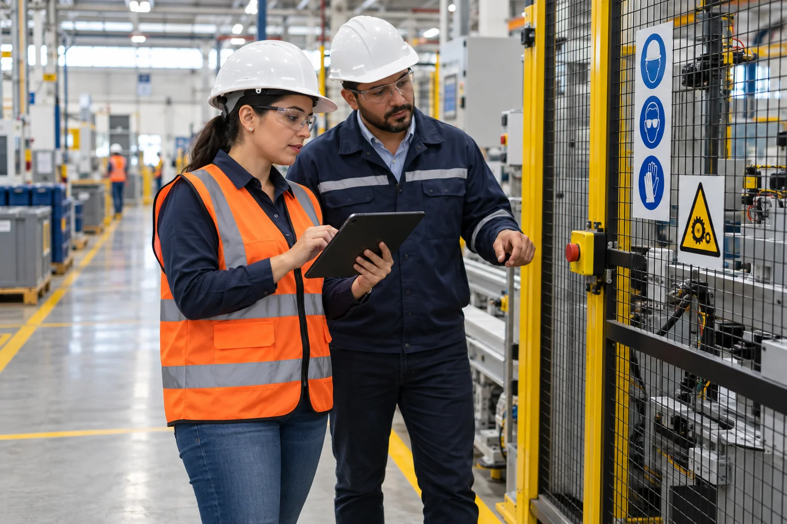 Especialista en seguridad revisando una máquina protegida dentro de una planta industrial