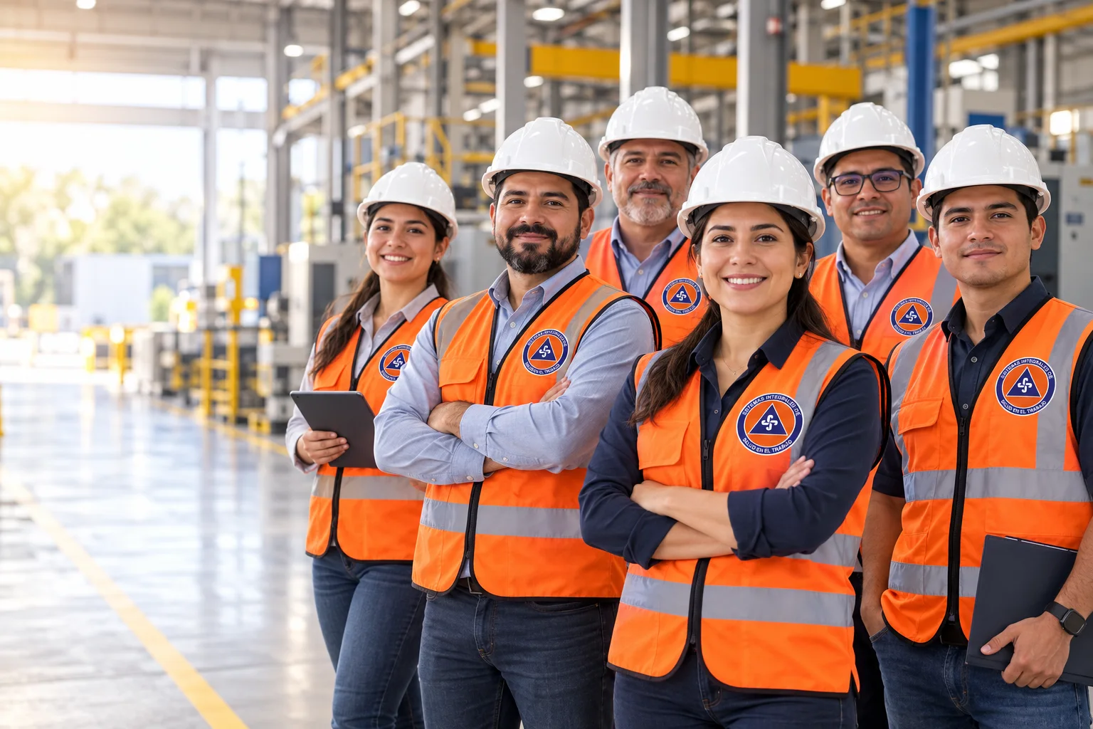 Equipo profesional de SISAT con chalecos naranja en una planta industrial